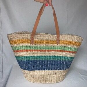 Colorful Rattan Woven Beach Tote Bag Large Summer Striped Raffia Straw Travel